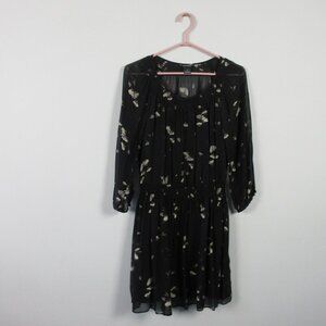 Club Monaco Alex 100% Silk Sheer Dress 2 Black Floral Log Sleeve Cottagecore 154